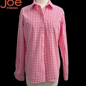 JOE FRESH (EUC) 100% COTTON GINGHAM BUTTON DOWN LONG SLEEVE SHIRT IN PINK SIZE M